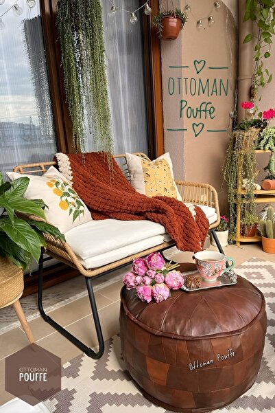 Ottoman Pouffe Hakiki Deri El Emeği Iskandinav Bohem Bahçe Balkon Yer Ayak Uzatma Minderi 60x38cm(DOLGULU)