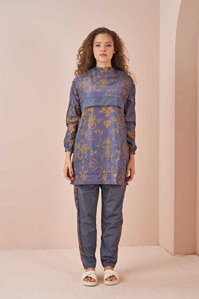 Mevra Çini Desen Tesettür Mayo Kısa Gri