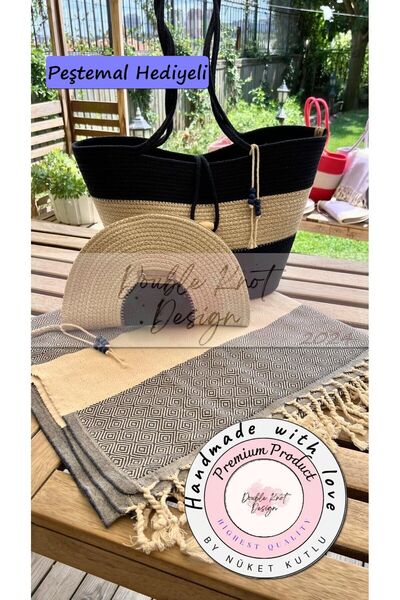 DOUBLE KNOT DESİGN 2li Takım Plaj Çantası , El Çantası Clutch, Totebag, Kadın...