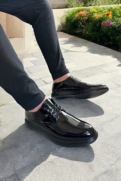 RASGO Pantofi negri pentru bărbați - șireturi și piele lacuită, model clasic ...