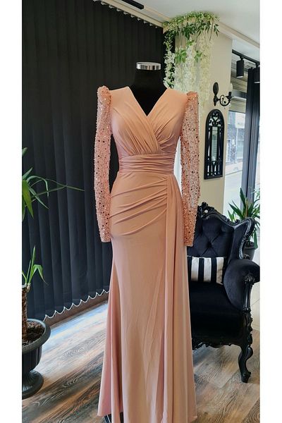makbuleofficial Powder Color Double Breasted Collar Side Slit Engagement After Party Dress