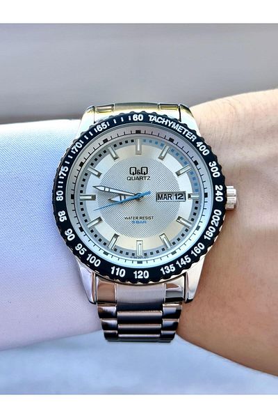 Q&Q Men's Gray Tachometer Frame Date and Day Display Sport Silver Analog Watch