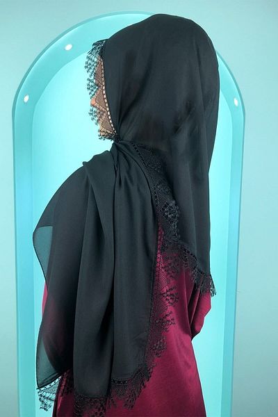 Ebruli Γυναικείο Minacarin Chiffon Ruched Needle Κέντημα Μαύρο Hijab Prayer Mevlüt Κάλυμμα βραδινό φόρεμα σάλι