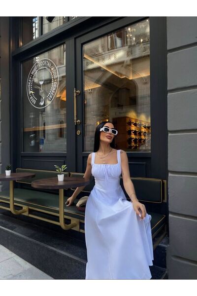 Meros Atelier Premium White Midi Length Lace-Up Cotton Bell Dress