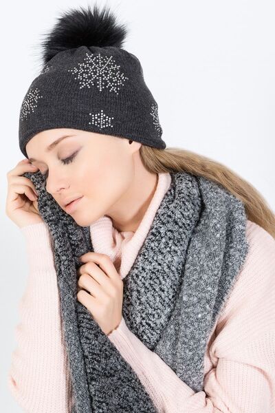 POSUSS Taş Detaylı Ponponlu Kadın Bere Koyu Gri - Ps1178