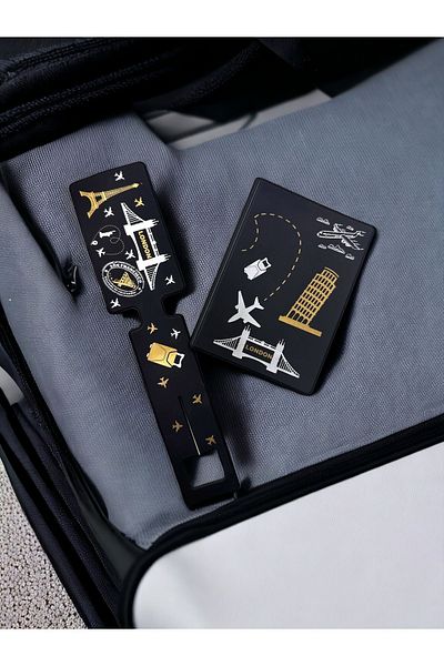 Gempo 2-Piece Vegan Leather Passport Cover Travel Set Passport Container and Suitcase Label Luggage Label Set of 2