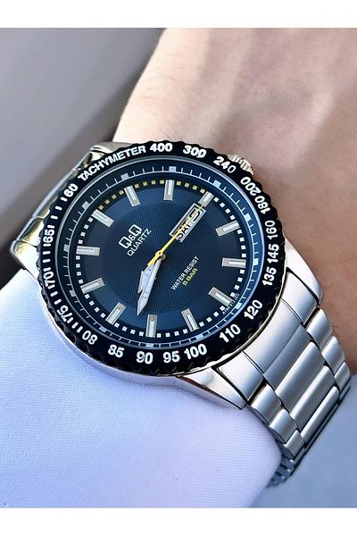 Q&Q Men's Gray Tachometer Bezel Blue Dial Analog Watch with Date and Day Display