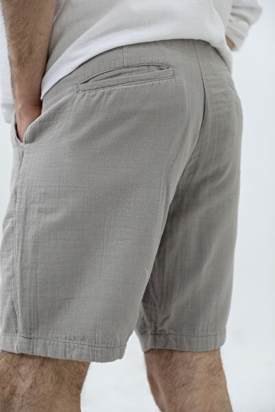 BLUE STREET Erkek Açık Gri Musli Bağcıklı Keten Şort