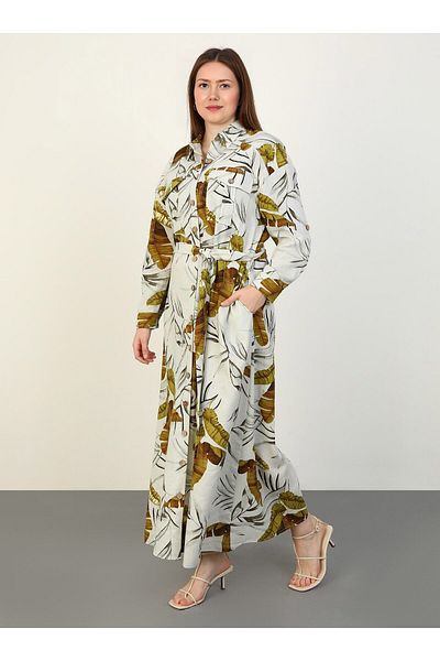 ALİA Leaf Patterned Linen Plus Size Shirt Dress - Oil Green - Alia