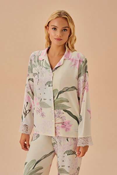 SUWEN Σετ πιτζάμες με γιακά πουκάμισο με φλοράλ σχέδιο