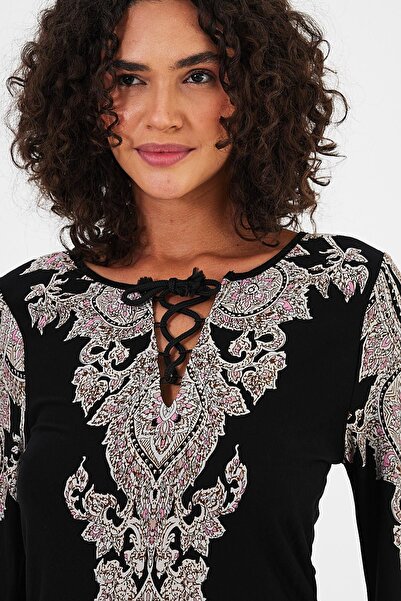Penyelux Black Traditional Patterned Boat Neck Tunic - Rope Detailed