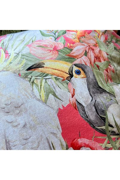 DECO Pastel Colored Parrot Patterned Digital Printed Velvet Throw Pillow - Fringed