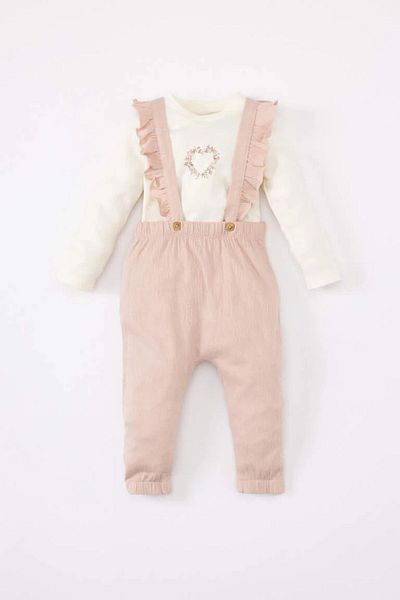 DeFacto Baby Girl Long Sleeve T-shirt Crinkle Fabric Salopet 2-Piece Set B9481a5pn56y