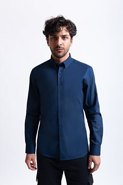 UNIQVIBE Ανδρικό πουκάμισο από βαμβάκι Oxford σε σκούρο μπλε