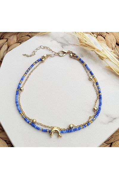 HALHALMILL Blue Beaded Gold Colored Dolphin Dangle Anklet