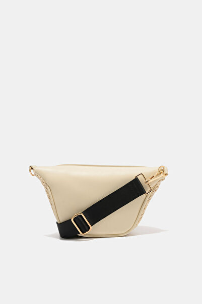 Black Ribbon Striped Straw Column Strap Women's Waist Bag - Breeze Waist Ecru