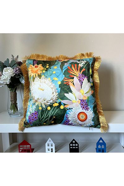 DECO Pernă moale din catifea - Motiv cu flori albastre, imprimat digital, franjuri