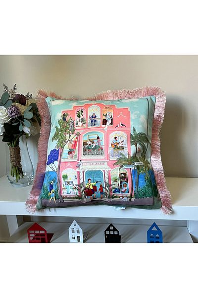 DECO Velvet Throw Pillow - Digital Printed, Building Pattern, Fringed, Fun Paint