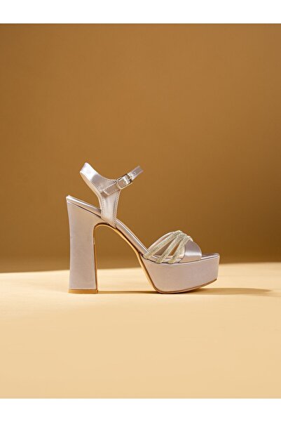 Alemdar Shoes DINA Silver Satin Stone Detailed Heeled Women's Shoes