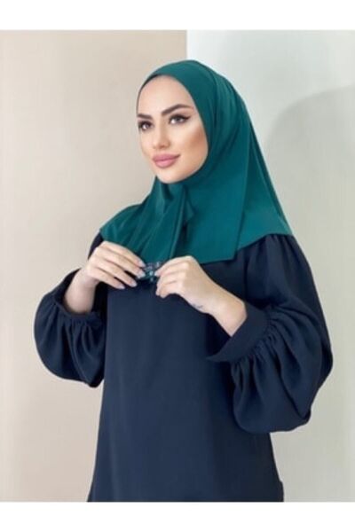 Organic Kadın Tesettür Çıtçıtlı Bone Hazır Şal Hijab Eşarp Zümrüt