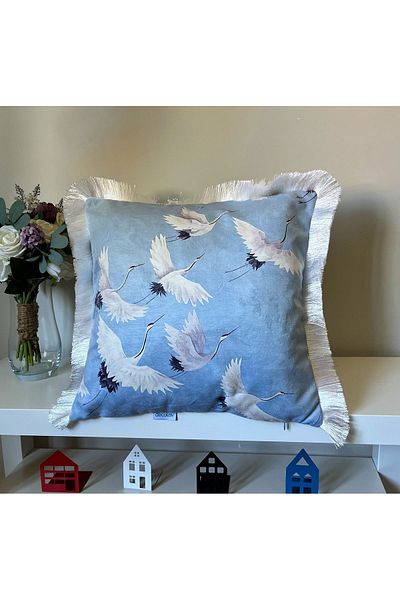 DECO - Soft Blue Velvet - Digital Printed, Backdrop Stork Pattern, Fringed Throw Pillow Cover