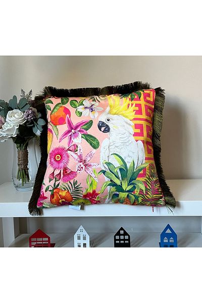 DECO White Geometric Pasha Printed Velvet Cushion - Fringed