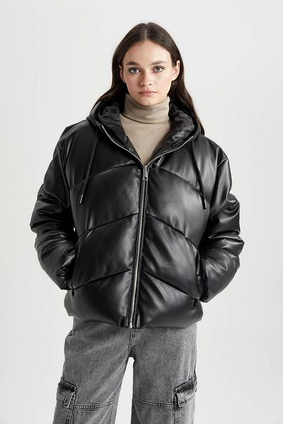 DeFacto Water Repellent Hooded Faux Leather Coat - Fleece, Regular Fit A0804Ax23Wn