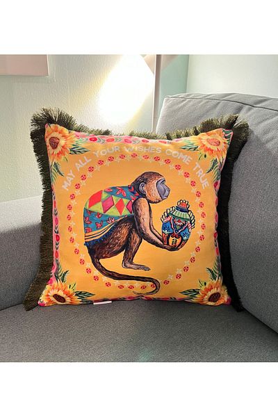 DECO Monkey Pattern Digital Printed Velvet Throw Pillow - Fringed Cover