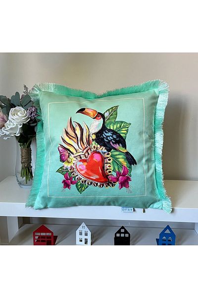 DECO Turquoise Velvet Throw Pillow - Parrot and Heart Pattern, Digital Printed, Fringed
