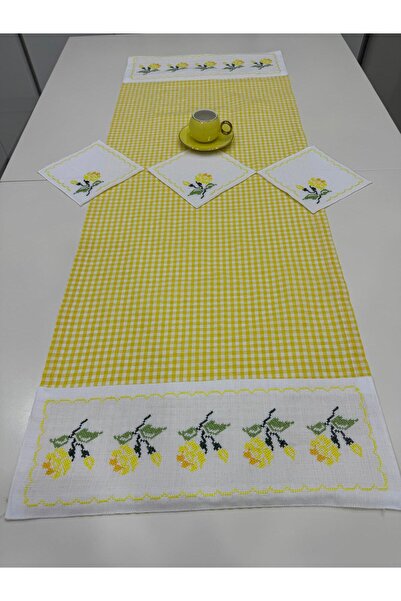 İNCİ ÇEYİZ 6 Adet Keten Kahve Yanı Kokteyl Peçetesi  1 Adet Pitikare Runner Kaneviçe İşleme  & Bardak Altlığı.