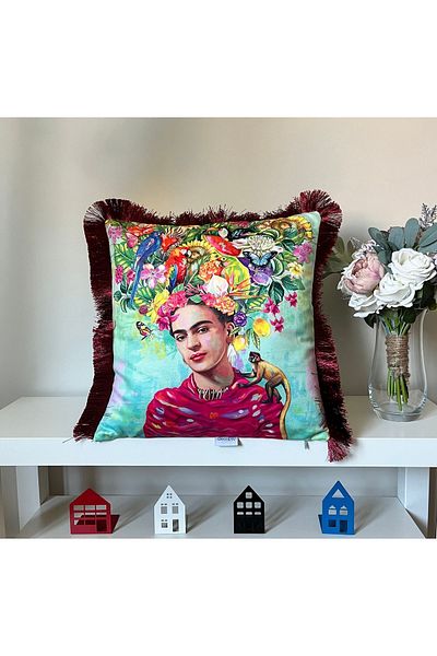 DECO Patterned Digital Printed Velvet Throw Pillow - Oil Painting Mexican, Fringed Woman