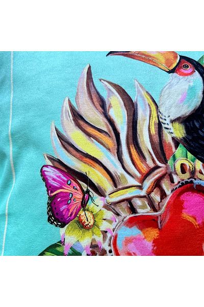 DECO Turquoise Velvet Throw Pillow - Parrot and Heart Pattern, Digital Printed, Fringed
