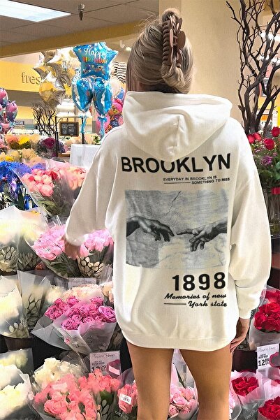 Millionaire Kadın Kırık Beyaz Krem Ekru 1898 Baskılı 3 Iplik Şardonlu Kapüşonlu Oversize Salaş Bol Kesim Hoodie