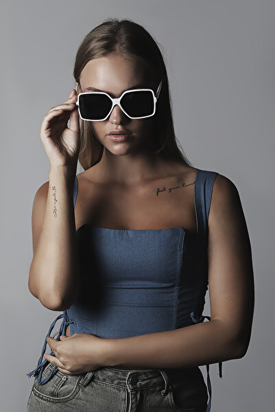 Angel Eyes Women's Sunglasses White Wide Square Frame Black Glass