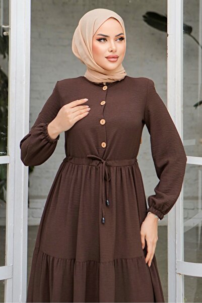 Bestenur Φόρεμα με μισό κουμπί σε καφέ χρώμα Eslem - 1135