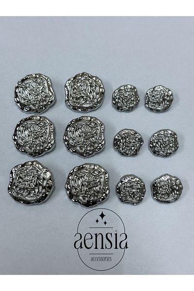 aensia مجموعة أزرار معدنية - فضية مجعدة، نمط شبكي، منقوشة - 12 قطعة (6 كبيرة + 6 صغيرة)