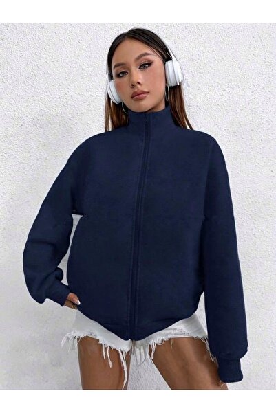 LOUİSA Women's Navy Blue Vintage 1988 Back Printed Stand Collar Zippered Cardigan