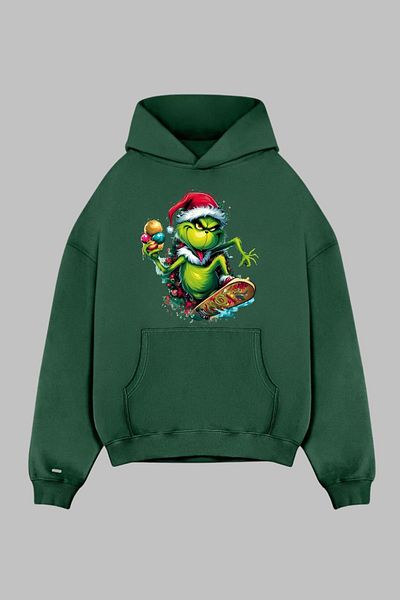 Nyda Collections Φούτερ με κουκούλα Unisex Grinch Printed Oversize - Μακρυμάνικο, Πρωτοχρονιάτικο με τσέπες