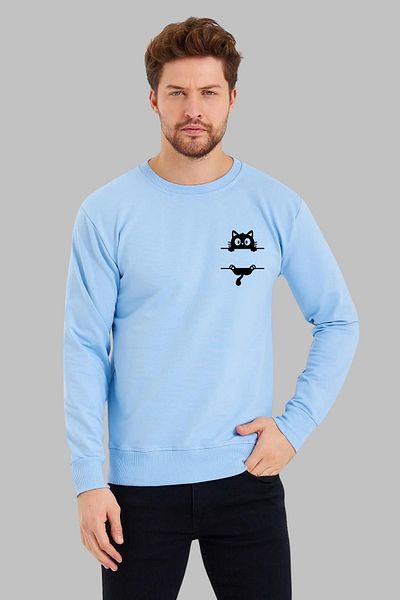 Nyda Collections Hanorac supradimensionat unisex din bumbac cu imprimeu pentru pisici - mânecă lungă, gât crew, fără glugă