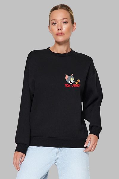Nyda Collections Унисекс памучен суитшърт с щампа на Том Джери - дълъг ръкав, кръгло деколте, без качулка