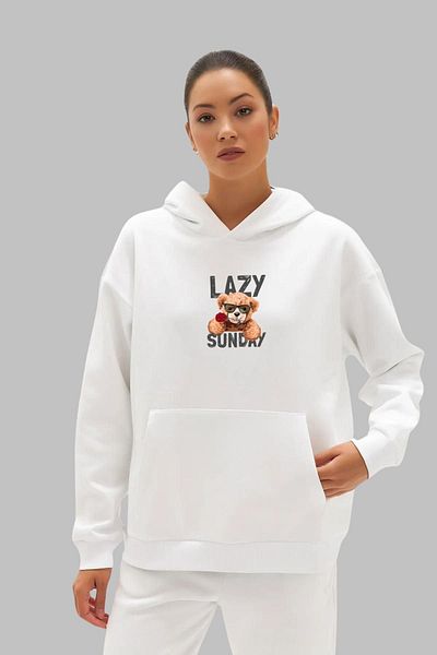 Nyda Collections Hanorac supradimensionat unisex cu glugă cu imprimeu Teddy Bear - mânecă lungă, bumbac