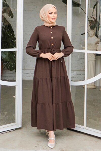 Bestenur Φόρεμα με μισό κουμπί σε καφέ χρώμα Eslem - 1135