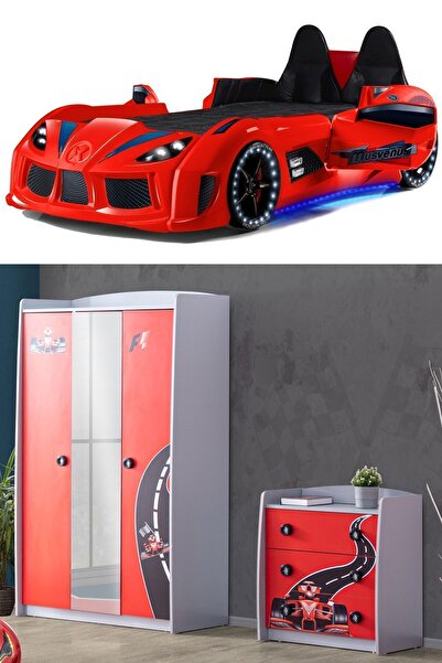 Setay Formula Genç Odası - 3 Kapılı Dolap, Audi Koltuklu Arabalı Yatak, Şifonyer - Kırmızı