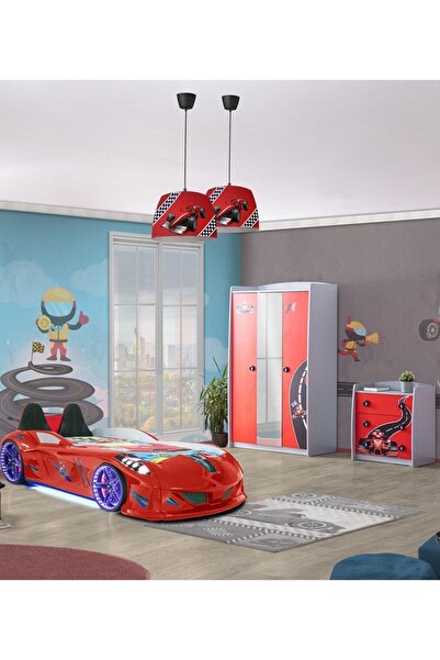 Setay Formula Genç Odası - 3 Kapılı Dolap, Jaguar Koltuklu Arabalı Yatak, Şifonyer - Kırmızı