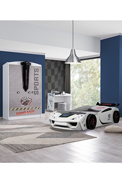Setay Çocuk Odası - Vento Arabalı Yatak - Sport 3 Kapılı Dolap, Masa - Beyaz