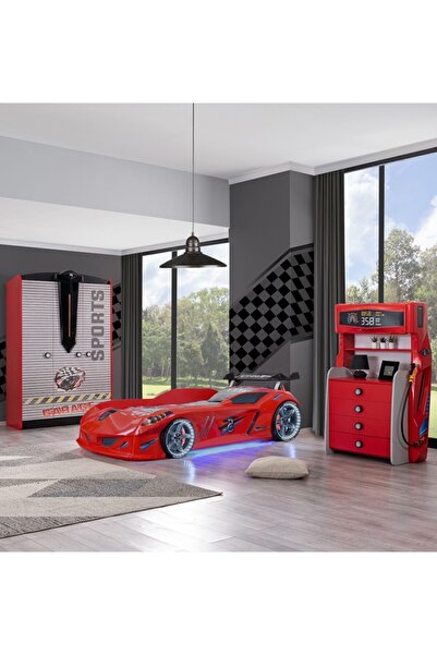 Setay Çocuk Odası - Jaguar Rüzgarlıklı Arabalı Yatak - Sport 3 Kapılı Dolap, Şifonyer - Kırmızı