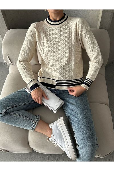BEJNA Ecrufarbener Strickpullover für Damen – Strick- und Paspeldetails