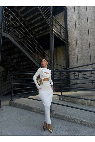 Gallogi Midi Length Rose Detailed Cut Out Long Sleeve Knitwear Dress