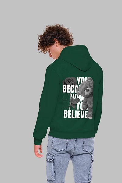 Nyda Collections Hanorac oversize din bumbac cu glugă, unisex, cu imprimeu Rose Bear