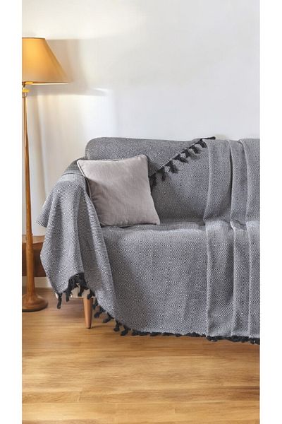 Lux Touch Husă neagră pentru canapea pentru frunte - 170 x 210 cm Husă pentru canapea extensibilă, șal din bumbac cu smocuri